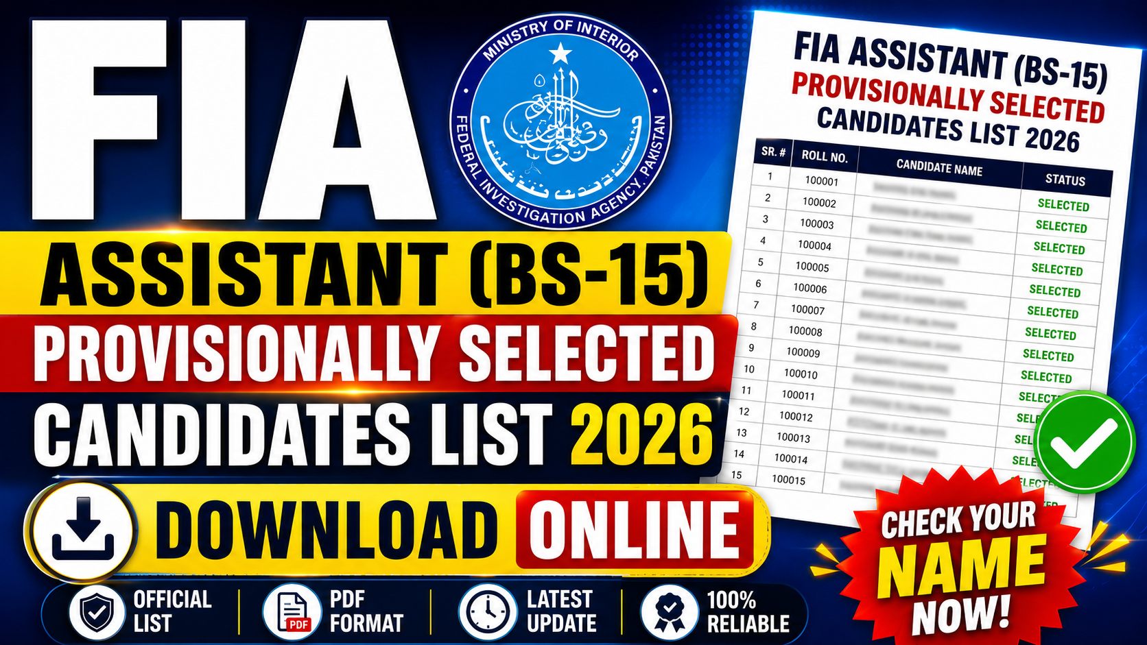 FIA Assistant BS-15 Provisionally Selected Candidates List 2026 Download Online