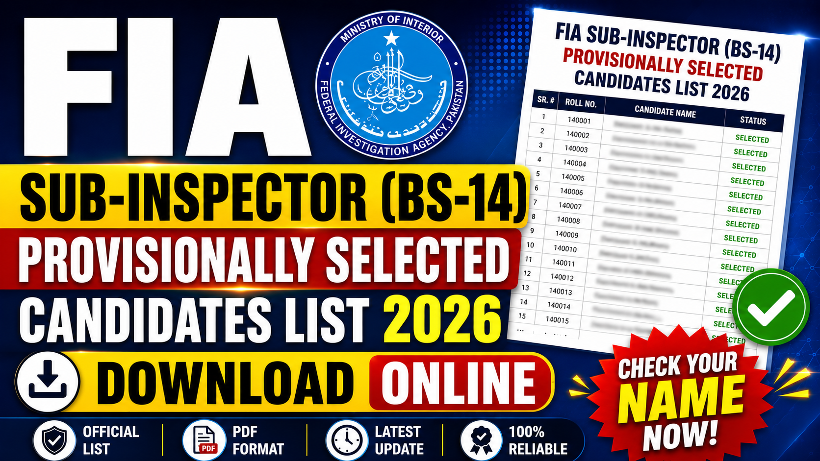 FIA Sub-Inspector (BS-14) Provisionally Selected Candidates List 2026