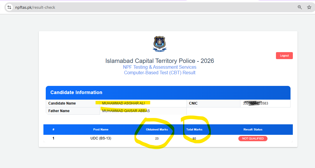 Islamabad Capital Territory Police CBT Result 2026 Announced at NPFTAS Portal